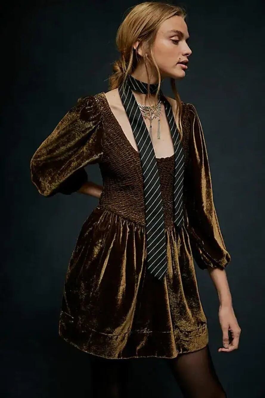 New Free People Farrier Velvet Mini Dress $128 X-SMALL Brown SMOCKED